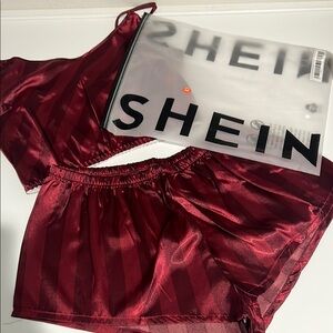 SHEIN Burgundy Striped Satin Sleep Set ⭐️